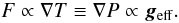 Mathematical equation: \begin{equation} \label{vzpp} F \propto \nabla T \equiv \nabla P \propto \vec{g}_{\rm eff} . \end{equation}