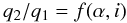 Mathematical equation: \begin{equation} \label{q2q1l} q_2/q_1 = f(\alpha,i) \end{equation}