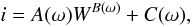 Mathematical equation: \begin{equation} \label{fitiw} i = A(\omega)W^{B(\omega)}+C(\omega) , \end{equation}