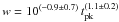 Mathematical equation: \hbox{$w=10^{(-0.9\pm0.7)}\,t_{\rm pk}^{(1.1\pm0.2)}$}