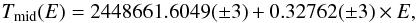 Mathematical equation: \begin{equation} \label{eq:tw_efem} T_{\rm mid}(E) = 2448661.6049(\pm3) + 0.32762(\pm3) \times E, \end{equation}