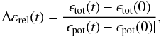 Mathematical equation: \begin{equation} \Delta\varepsilon_{\rm rel}(t)=\frac{\epsilon_{\rm tot}(t)-\epsilon_{\rm tot}(0)}{|\epsilon_{\rm pot}(t)-\epsilon_{\rm pot}(0)|}, \end{equation}