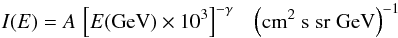 Mathematical equation: \begin{eqnarray} \label{elec_eq} I(E) = A\,\left[E(\rm{GeV})\times10^3\right]^{-\gamma}\;\;\; \rm{\left(cm^2\;s\;sr \;GeV \right)^{-1}} \end{eqnarray}