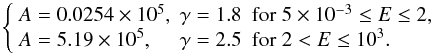 Mathematical equation: $$ \left\{\begin{array}{lll} A = 0.0254\times10^{5},\;\gamma = 1.8 & {\rm for}\;5\times10^{-3} \leq E \leq 2, \\ A = 5.19\times10^{5},\;\;\;\;\,\gamma = 2.5 & {\rm for}\;2 < E \leq 10^{3}. \end{array}\right. $$