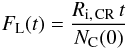Mathematical equation: \begin{eqnarray} \label{FlION_eq} F_{\rm L}(t) = \frac{R_{\rm i,\,CR}\,t}{N_{\rm C}(0)} \end{eqnarray}