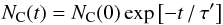 Mathematical equation: \begin{eqnarray} \label{NtELECTRON_eq} N_{\rm C}(t) = N_{\rm C}(0) \exp \left[-t\,/\,\tau'\right] \end{eqnarray}