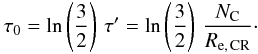 Mathematical equation: \begin{eqnarray} \label{timeConstantELECTRON_eq} \tau_{\rm 0} = \ln\left(\frac{3}{2}\right)\,\tau' = \ln\left(\frac{3}{2}\right)\,\frac{N_{\rm C}}{R_{\rm e,\,CR}}\cdot \end{eqnarray}
