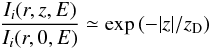 Mathematical equation: \begin{eqnarray} \label{latGrad_eq} \frac{I_{i}(r, z, E)}{I_{i}(r, 0, E)} \simeq \exp\left(-|z|/z_{\rm D}\right) \end{eqnarray}