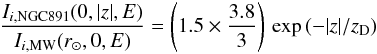 Mathematical equation: \begin{eqnarray} \label{crNGC891_eq} \frac{I_{i, \rm NGC 891}(0, |z|, E)}{I_{i, \rm MW}(r_{\odot}, 0, E)} = \left(1.5\times\frac{3.8}{3}\right)\,\exp\left(-|z|/z_{\rm D}\right) \end{eqnarray}