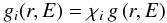 Mathematical equation: \begin{eqnarray} \label{ionDensity_eq} g_{i}(r, E) = \chi_{i}\,g\left(r, E\right) \end{eqnarray}