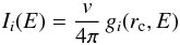 Mathematical equation: \begin{eqnarray} \label{clusterSpectrum_eq} I_{i}(E) = \frac{v}{4\pi}\,g_{i}(r_{\rm c}, E) \end{eqnarray}