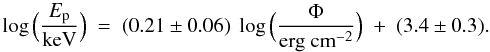 Mathematical equation: \begin{equation} \log{\Big(\frac{E_{\rm p}}{{\rm keV}}\Big)}\ =\ (0.21 \pm 0.06)\ \log{\Big(\frac{\Phi}{{\rm erg\ cm}^{-2}}\Big)}\ +\ (3.4 \pm 0.3) . \label{eq:ep_vs_flu} \end{equation}