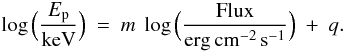 Mathematical equation: \begin{equation} \log{\Big(\frac{E_{\rm p}}{{\rm keV}}\Big)}\ =\ m\ \log{\Big(\frac{{\rm Flux}}{{\rm erg\, cm^{-2}\, s^{-1}}}\Big)}\ +\ q . \label{eq:971208B_flux_ep} \end{equation}