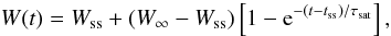 Mathematical equation: \begin{equation} \label{saturation} \displaystyle W(t)=W_{\mathrm{ss}}+(W_{\infty}-W_{\mathrm{ss}})\left[1-{\rm e}^{-(t-t_{\mathrm{ss}})/\tau_{\mathrm{sat}}}\right], \end{equation}