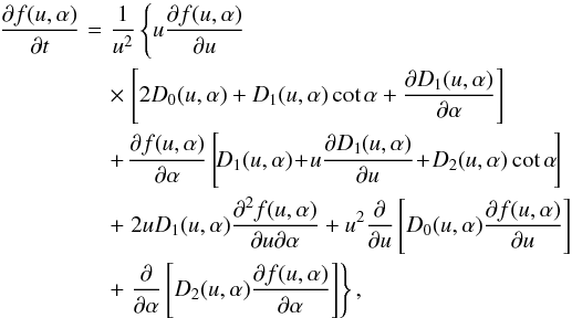Mathematical equation: \appendix \setcounter{section}{3} \begin{eqnarray} \label{dif_eq3} \frac{\partial f(u, \alpha)}{\partial t}&\!=\!&\frac{1}{u^2}\left\{u\frac{\partial f(u, \alpha)}{\partial u}\right.\nonumber\\ &&\times\left.\left[2D_0(u, \alpha)+D_1(u, \alpha)\cot\alpha+\frac{\partial D_1(u,\alpha)}{\partial\alpha}\right]\right.\nonumber\\ &&+\!\left.\frac{\partial f(u, \alpha)}{\partial\alpha}\left[\!D_1(u, \alpha)\!+\!u\frac{\partial D_1(u, \alpha)}{\partial u}\!+\!D_2(u, \alpha)\cot\alpha\!\right]\right.\nonumber\\ &&+\left.2uD_1(u, \alpha)\frac{\partial^2f(u, \alpha)}{\partial u\partial\alpha}+u^2\frac{\partial}{\partial u}\left[D_0(u, \alpha)\frac{\partial f(u, \alpha)}{\partial u}\right]\right.\nonumber\\ &&+\left.\frac{\partial}{\partial\alpha}\left[D_2(u, \alpha)\frac{\partial f(u, \alpha)}{\partial\alpha}\right]\right\}, \end{eqnarray}