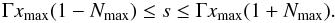 Mathematical equation: \appendix \setcounter{section}{3} \begin{equation} \Gamma x_{\max}(1-N_{\max})\le s\le \Gamma x_{\max}(1+N_{\max}). \end{equation}
