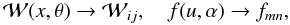 Mathematical equation: \appendix \setcounter{section}{4} \begin{equation} \mathcal{W}(x, \theta)\to\mathcal{W}_{ij},\quad f(u, \alpha)\to f_{mn}, \end{equation}