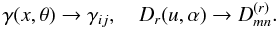 Mathematical equation: \appendix \setcounter{section}{4} \begin{equation} \gamma(x, \theta)\to\gamma_{ij},\quad D_r(u, \alpha)\to D^{(r)}_{mn}. \end{equation}