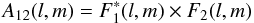Mathematical equation: \begin{equation} \label{eqn:baselinebeam} A_{12}(l, m) = F^*_1(l, m)\times F_2(l, m) \end{equation}