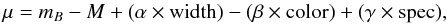 Mathematical equation: \begin{equation} \label{eqn:intro} \mu = m_B - M + (\alpha \times {\rm width}) - (\beta \times {\rm color}) + (\gamma \times {\rm spec}), \end{equation}