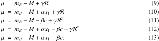 Mathematical equation: \begin{eqnarray} \label{eqn:frarr1}\mu &=& m_B - M + \gamma \mathcal{R} \\ \label{eqn:frarr2}\mu &=& m_B - M + \alpha x_1 + \gamma \mathcal{R} \\ \label{eqn:frarr3}\mu &=& m_B - M - \beta c + \gamma \mathcal{R}^{\rm c} \\ \label{eqn:frarr4}\mu &=& m_B - M + \alpha x_1 - \beta c + \gamma \mathcal{R}^{\rm c} \\ \label{eqn:frarr5}\mu &=& m_B - M + \alpha x_1 - \beta c. \end{eqnarray}