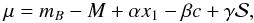 Mathematical equation: \begin{equation} \label{eqn:salt2} \mu = m_B - M + \alpha x_1 - \beta c + \gamma \mathcal{S}, \end{equation}
