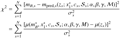 Mathematical equation: \begin{equation} \label{eqn:chisqr} \begin{split} \chi^2 &= \sum_{s=1}^N \frac{[m_{B,s} - m_{{\rm pred},s}(z_s; x_1^s, c_s, \mathcal{S}_s; \alpha,\beta,\gamma,\mathcal{M})]^2}{\sigma_s^2} \\ &= \sum_{s=1}^N \frac{ [\mu(m_B^s, x_1^s, c_s, \mathcal{S}_s; \alpha,\beta,\gamma, M) - \mu(z_s)]^2}{\sigma_s^2} \end{split} \end{equation}