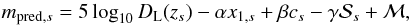 Mathematical equation: \begin{equation} \label{eqn:mpred} m_{{\rm pred},s} = 5 \log_{10} D_{\rm L}(z_s) - \alpha x_{1,s} + \beta c_s - \gamma \mathcal{S}_s + \mathcal{M}, \end{equation}