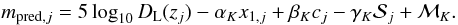 Mathematical equation: \begin{equation} m_{{\rm pred},j} = 5 \log_{10} D_{\rm L}(z_j) - \alpha_K x_{1,j} + \beta_K c_j - \gamma_K \mathcal{S}_j + \mathcal{M}_K. \end{equation}