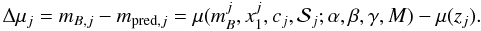 Mathematical equation: \begin{equation} \Delta \mu_j = m_{B,j} - m_{{\rm pred},j} = \mu(m_B^j, x_1^j, c_j, \mathcal{S}_j; \alpha,\beta,\gamma, M) - \mu(z_j). \end{equation}