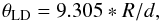 Mathematical equation: \begin{equation} \theta_{\rm LD} = 9.305 * R/d, \end{equation}