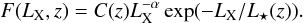 Mathematical equation: \begin{equation} F(L_{\rm X},z)=C(z)L_{\rm X}^{-\alpha}\exp(-L_{\rm X}/L_\star(z)).\label{lfunc} \end{equation}