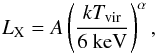 Mathematical equation: \begin{equation} L_{\rm X}=A \left(\frac{kT_{\rm vir}}{\mbox{6 keV}}\right)^\alpha, \end{equation}