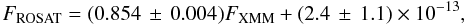 Mathematical equation: \appendix \setcounter{section}{1} \begin{equation} F_{\rm ROSAT}=(0.854\,\pm\,0.004)F_{\rm XMM}+(2.4\,\pm\,1.1)\times10^{-13} , \end{equation}