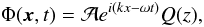 Mathematical equation: \begin{equation} \label{wave:sol} \Phi(\vec{x},t)=\mathcal{A}e^{i(kx-\omega t)}Q(z), \end{equation}