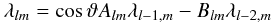 Mathematical equation: \begin{equation} \lambda_{lm}=\cos \vartheta A_{lm} \lambda_{l-1,m}-B_{lm}\lambda_{l-2,m} \label{eq_ylm} \end{equation}