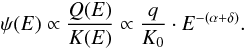 Mathematical equation: \begin{equation} \psi(E)\propto \frac{Q(E)}{K(E)} \propto \frac{q}{K_0} \cdot E^{-(\alpha+\delta)}. \label{eq:approx} \end{equation}
