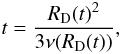 Mathematical equation: \begin{equation} t=\frac{R_{\rm D}(t)^2}{3\nu(R_{\rm D}(t))}, \label{time-radius} \end{equation}
