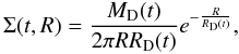 Mathematical equation: \begin{equation} \Sigma (t,R) = \frac{M_{\rm D}(t)}{2\pi R R_{\rm D}(t)}e^{-\frac{R}{R_{\rm D}(t)}}, \label{Sigmaprofile} \end{equation}