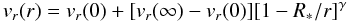 Mathematical equation: $$ v_r(r) = v_r(0) + [v_r(\infty) - v_r(0) ] [1 - R_* / r]^\gamma $$