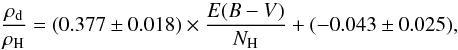 Mathematical equation: \begin{equation} \frac{\rho_{\rm d}}{\rho_{\rm H}}=(0.377\pm 0.018) \times \frac{E(B-V)}{N_{\rm H}} + (-0.043\pm 0.025), \label{333_t} \end{equation}