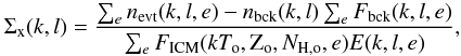 Mathematical equation: \begin{equation} \sx(k,l) = \frac{\sum_{e}{\nf(k,l,e)-\nb(k,l) \sum_{e}\b(k,l,e)}}{\sum_{e}\s(\kto,\abo,\nho,e)\ea(k,l,e)}, \label{brightness_estimate} \end{equation}