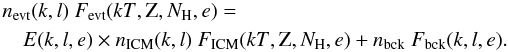 Mathematical equation: \begin{eqnarray} &&\nf(k,l)~\f(\kt,\ab,\nh,e) = \nonumber \\ \label{temperature_estimate} &&\quad \ea(k,l,e) \times \ns(k,l)~\s(\kt,\ab,\nh,e) + \nb~\b(k,l,e). \end{eqnarray}