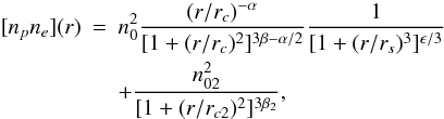 Mathematical equation: \begin{eqnarray} [n_p n_e](r) &=& n_{0}^2 \frac{(r/r_c)^{-\alpha}}{[1+(r/r_c)^2]^{3\beta - \alpha/2}} \frac{1}{[1+(r/r_s)^3]^{\epsilon/3}} \nonumber \\ \label{rho3d_equ}&&+ \frac {n_{02}^2}{[1+(r/r_{c2})^2]^{3\beta_2}}, \end{eqnarray}