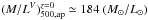Mathematical equation: \hbox{$(M/L^{{V}})^{z=0}_{500,{\rm ap}} \simeq 184~({M_{\odot}}/{L_{\odot}})$}
