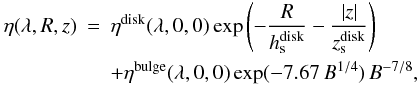 \begin{eqnarray} \nonumber \eta(\lambda,R,z) &=& {\eta^{\rm disk}}(\lambda,0,0) \exp \left( - \frac{R}{{h^{\rm disk}_{\rm s}}} - \frac{|z|}{{z^{\rm disk}_{\rm s}}} \right)\\ \label{eq:oldemissivity} &&+{\eta^{\rm bulge}(\lambda,0,0)} \exp (-7.67\,B^{1/4})\,B^{-7/8}, \end{eqnarray}