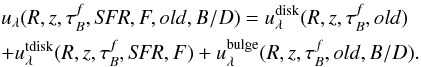 \begin{eqnarray} \label{eq:radiationfields_total} &&u_{\lambda}(R,z,\tau^f_B,{\it SFR},F,old,B/D) = u_{\lambda}^{\rm disk}(R,z,\tau^f_B,old) \nonumber \\ &&+ u_{\lambda}^{\rm tdisk}(R,z,\tau^f_B,{\it SFR},F) + u_{\lambda}^{\rm bulge}(R,z,\tau^f_B,old,B/D) . \end{eqnarray}