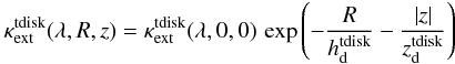\begin{eqnarray} \label{eq:dustemissivity2} \kappa^{\rm tdisk}_{\rm ext}(\lambda,R,z) = \kappa^{\rm tdisk}_{\rm ext}(\lambda,0,0)\,\exp \left( - \frac{R}{h^{\rm tdisk}_{\rm d}}- \frac{|z|}{z^{\rm tdisk}_{\rm d}} \right) \end{eqnarray}