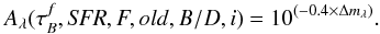 \appendix \setcounter{section}{4} \begin{eqnarray} \label{eq:atten} A_{\lambda}(\tau^{f}_{B},{\it SFR},F,old,B/D,i) = 10^{(-0.4\times{\Delta}m_{\lambda})}. \end{eqnarray}