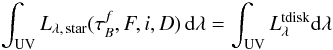 \appendix \setcounter{section}{4} \begin{eqnarray} \label{eq:conversion3} \int_{\rm UV} L_{\lambda,\,\rm star}(\tau^f_B,F,i,D)\,{\rm d}\lambda = \int_{\rm UV} L^{\rm tdisk}_{\lambda} {\rm d}\lambda \end{eqnarray}